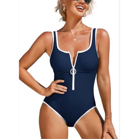 CHARMO‎ Swimsuit Women’s Size Small Navy White One Piece/ Zipper Front - Picture 6 of 14